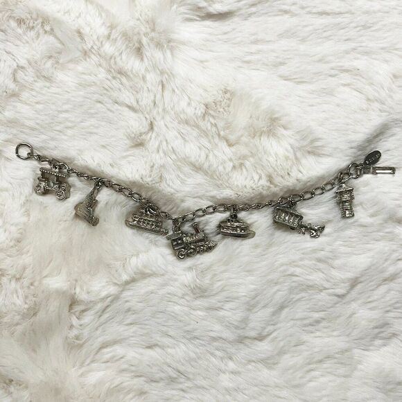 Disney Jewelry - Vintage Disney Charm Bracelet Train Car Steamboat Castle Fort And Trolley